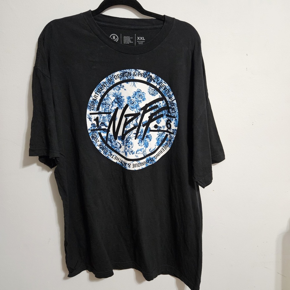 Neff T-Shirt Men's XXL Black Blue Floral Logo Graphic Tee 100% Cotton Pre-Shrunk